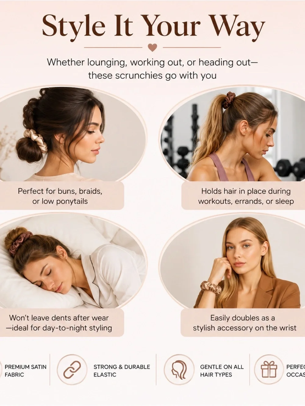 Ashford by Ash Kaur Satin Scrunchies Set of 6 | Neutral Colors | NWT